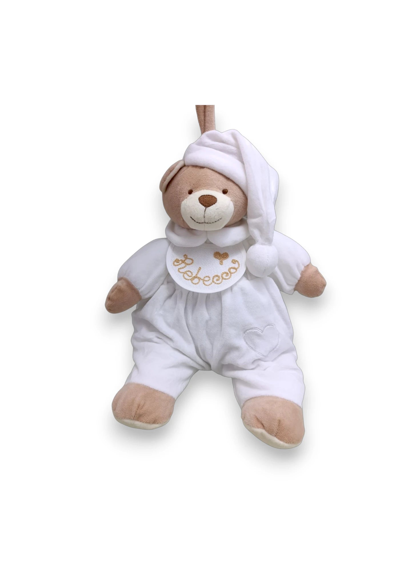 Peluche porta pigiama a forma di orsetto, con indumenti bianchi e bavaglino personalizzabile con ricamo.